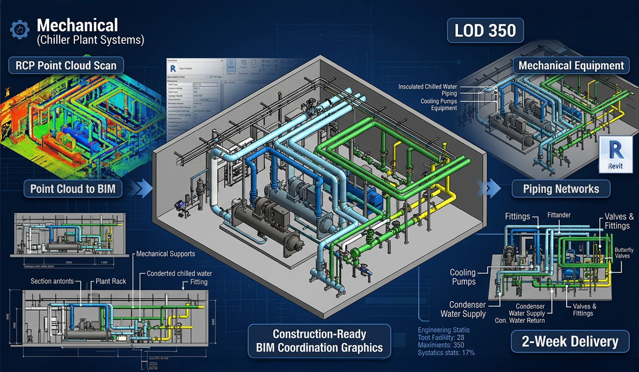 LOD 300 Revit Modeling of Central Utility Plant Chiller System from Point Cloud Data